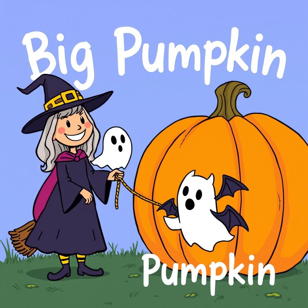 A witch with a big, bright smile stands next to an enormous pumpkin. A friendly ghost and a mischievous bat help her with a rope attached to the pumpkin.