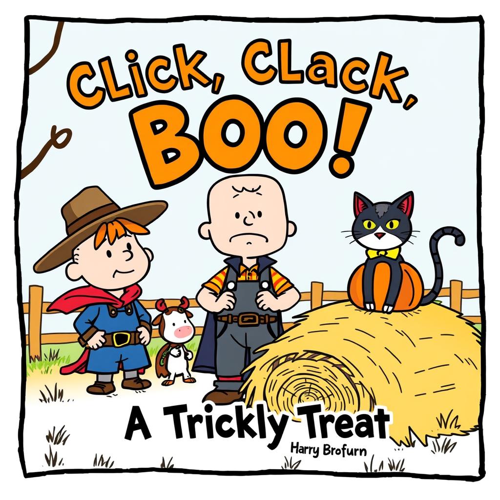 A happy farm scene with a spooky twist, Farmer Brown is wearing a grumpy expression as he watches the animals dressed in costumes,  and a mischievous cat is sitting on a hay bale with a pumpkin.