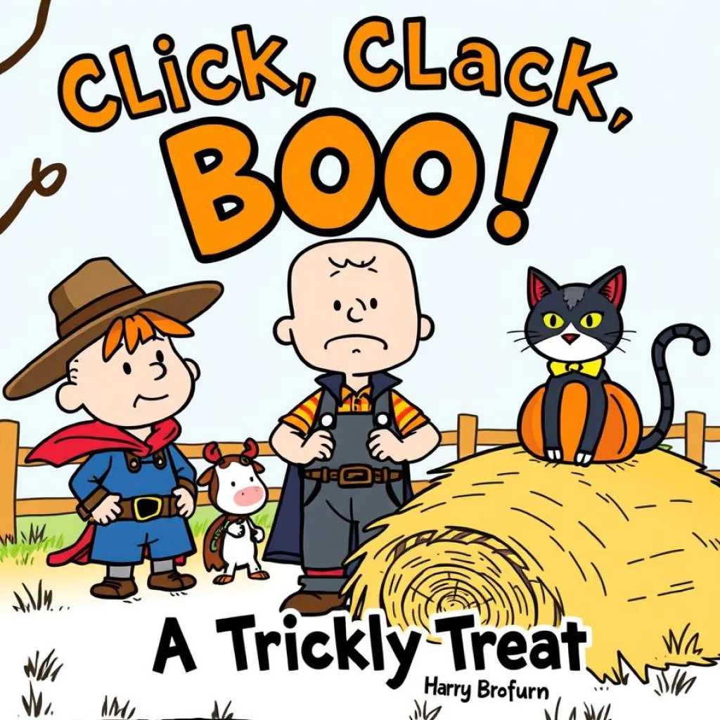 Cover of Click, Clack, Boo!: A Tricky Treat story for kids. A happy farm scene with a spooky twist, Farmer Brown is wearing a grumpy expression as he watches the animals dressed in costumes,  and a mischievous cat is sitting on a hay bale with a pumpkin.