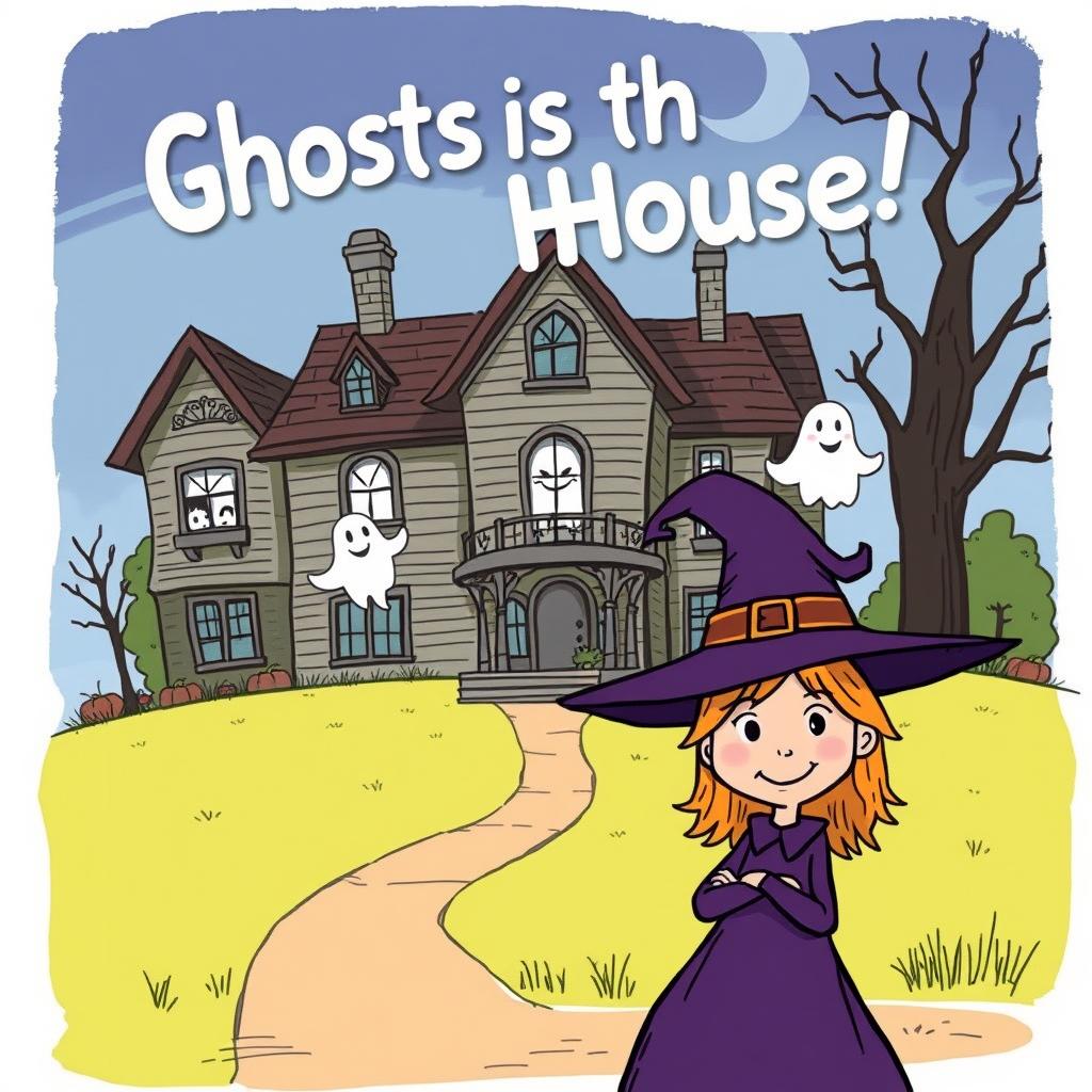 A smiling young witch with a pointed hat stands in front of a large, old, slightly spooky house with a few friendly ghosts peeking from the windows.