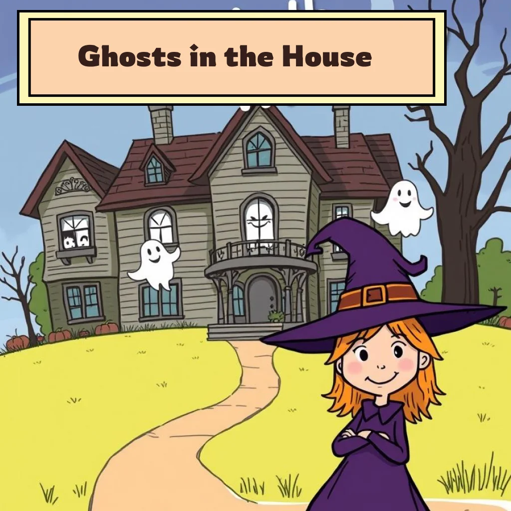 Cover of Ghosts in the House! story for kids. A smiling young witch with a pointed hat stands in front of a large, old, slightly spooky house with a few friendly ghosts peeking from the windows.