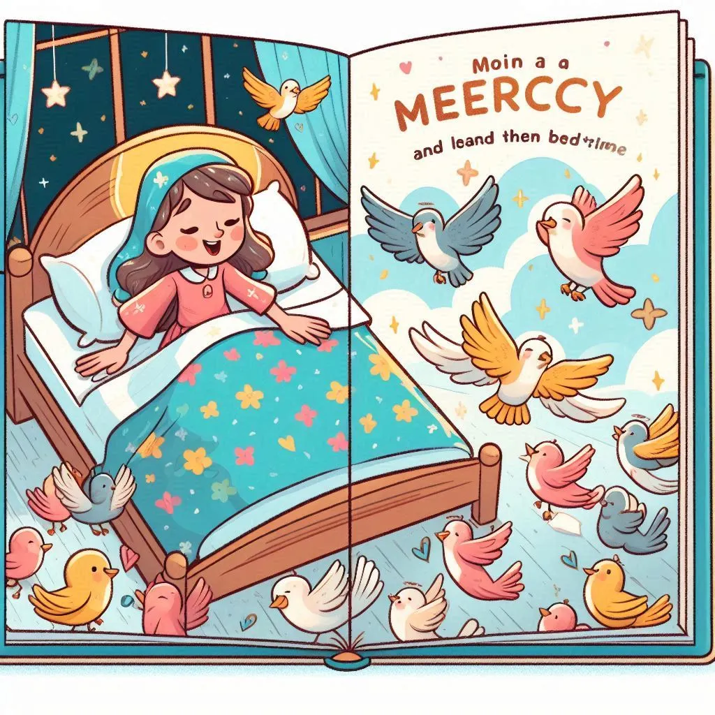 A bright, simple illustration of a young girl named Mercy with a big smile, surrounded by colorful birds. She holds a golden key in one hand, symbolizing her kindness, while birds flutter around her and perch on her arms and shoulders. Behind her, a lush green park with flowers and trees hints at the magical garden she cares for. The scene captures Mercy’s joyful expression and the lively birds, creating an inviting and heartwarming atmosphere.​