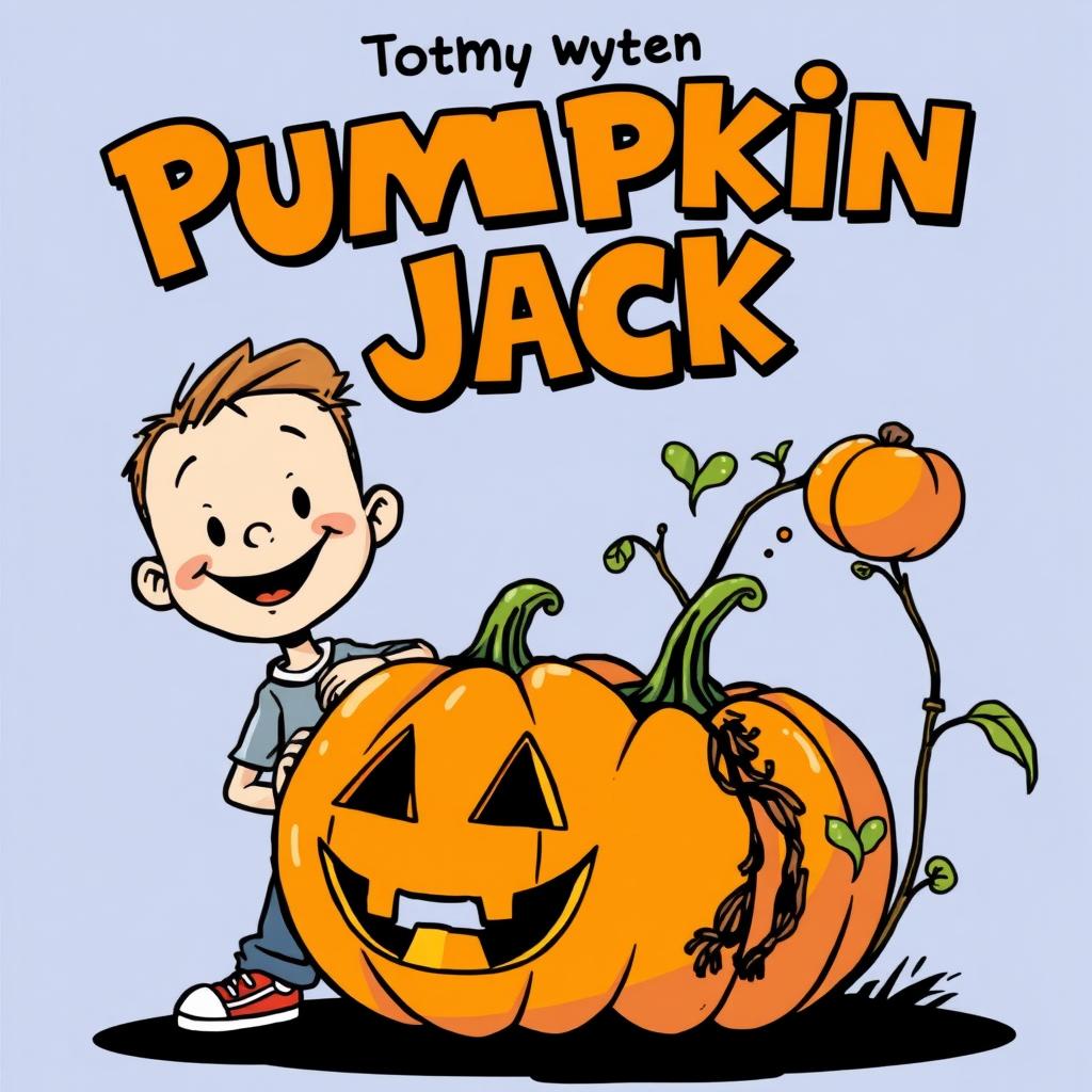 A young boy, Tommy, smiles proudly next to a carved pumpkin named Pumpkin Jack, while a new pumpkin vine sprouts from the decaying pumpkin.