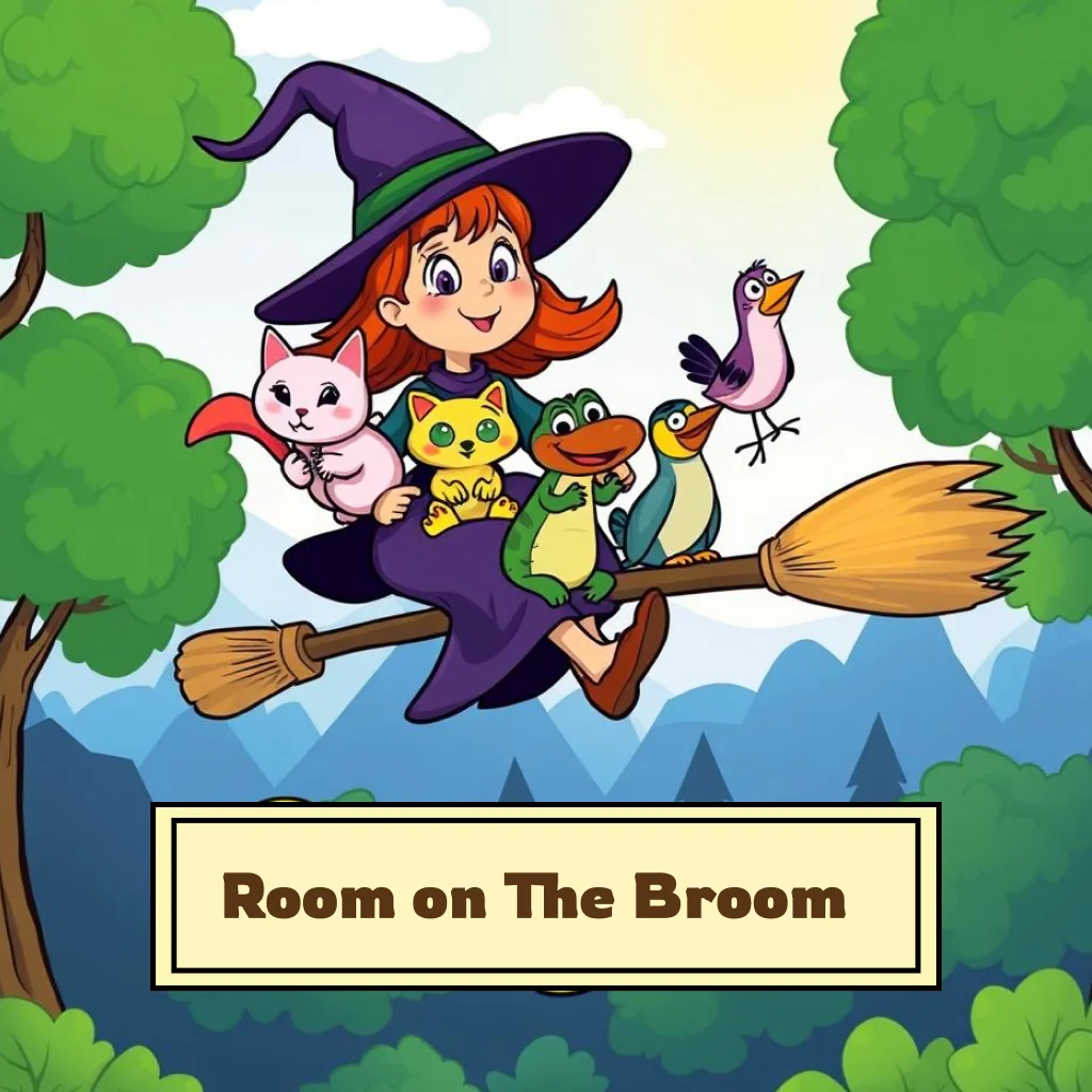 Cover of Room on the Broom story for kids. A colorful illustration of a witch riding a broomstick with a cat, a dog, a frog, a bird, and a mouse all holding on. They are flying over a lush green forest towards a bright, sunny sky.