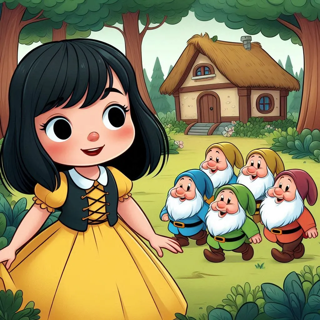 An illustration of Snow White with the seven dwarfs in a forest clearing with a cottage in the background.