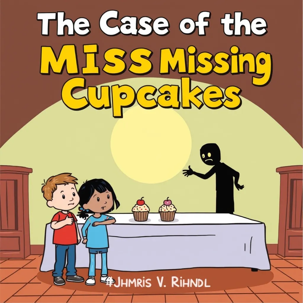 Cover of The Case of the Missing Cupcakes story for kids. A group of children, looking determined, stand in front of an empty table where cupcakes once stood. A shadowy figure lurks in the background.