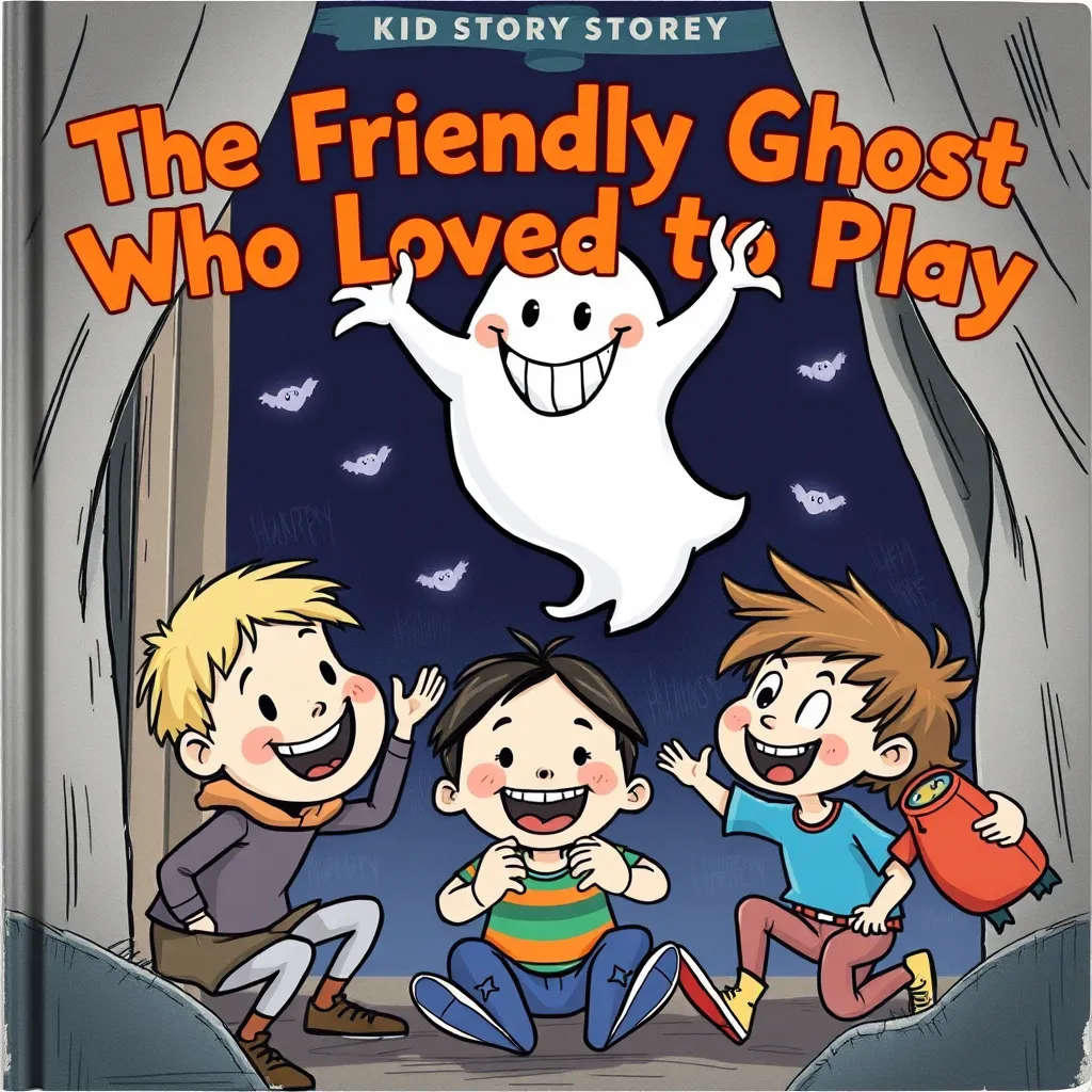 A cartoon ghost with a wide, toothy grin, wearing a playful expression, floating among children who are initially scared but then smiling as they play together.