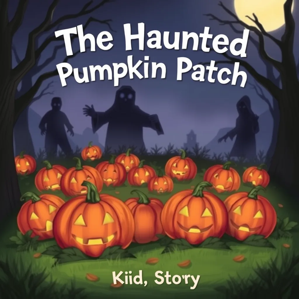 Cover of The Haunted Pumpkin Patch story for kids. A spooky pumpkin patch with glowing pumpkins and shadowy figures in the background