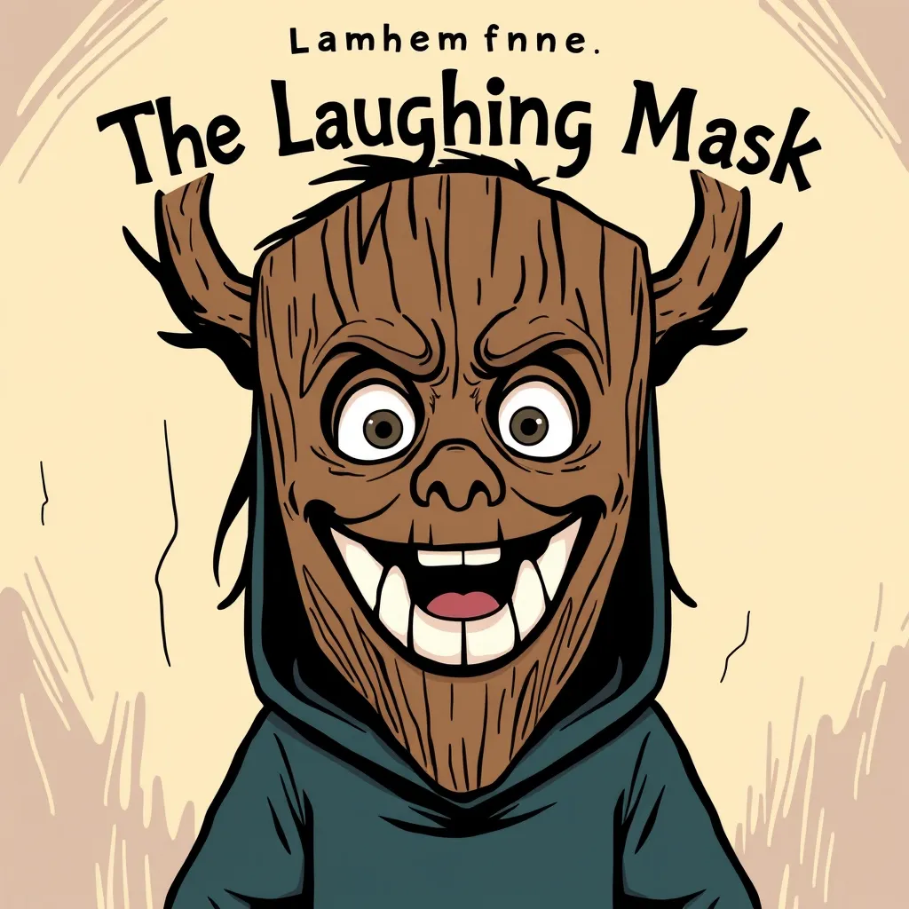 Cover of The Laughing Mask story for kids. A haunting image of a child wearing a carved wooden mask, their eyes wide with terror as the mask contorts into a sinister grin.