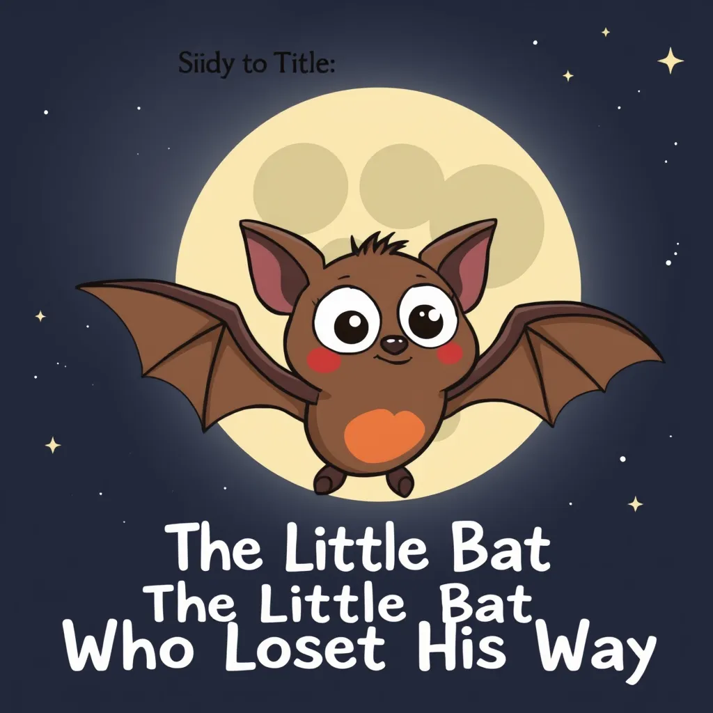 Cover of The Little Bat Who Lost His Way story for kids. A small, brown bat with big, curious eyes, named Pipkin, is flying through a dark, starlit sky with a full moon in the background. He looks a bit lost and confused.