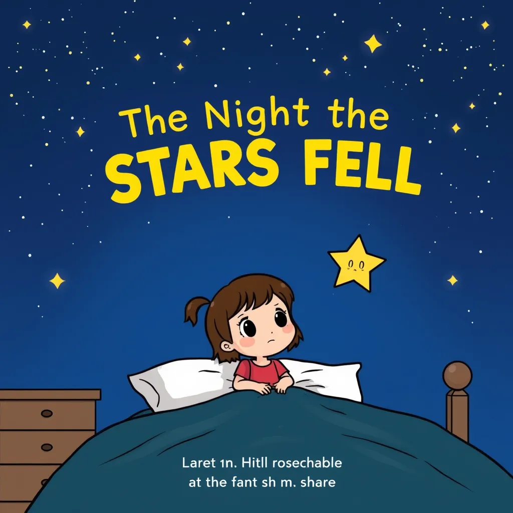 A young girl with brown hair and big eyes sits on her bed, looking up at a starry night sky. A small, twinkling star is floating near her, looking sad.