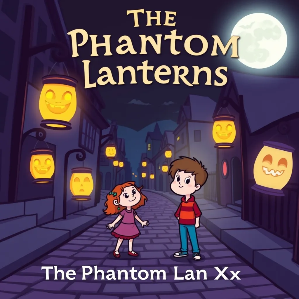 A spooky, moonlit street with a cobblestone path and lanterns with carved faces, glowing in the darkness. Two children, Lily and Max, are looking at a lantern in awe.