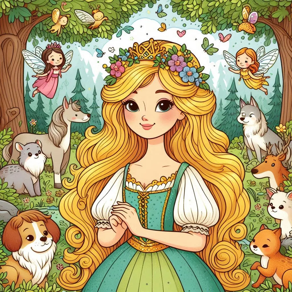 An illustration of a beautiful princess with golden hair in a forest surrounded by friendly animals and fairies.