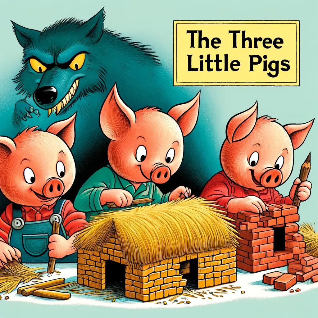 An illustration of three little pigs working together to build a house and a wolf behind them in the woods.