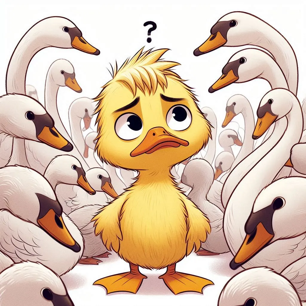 A young duckling looking confused as it's surrounded by other swans