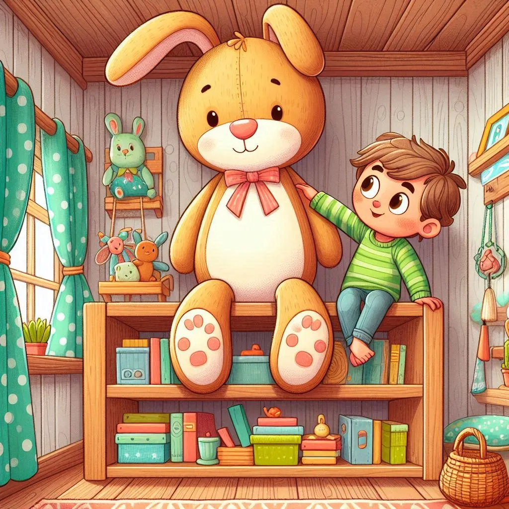 An illustration of the Velveteen Rabbit with the Boy in a cozy room.