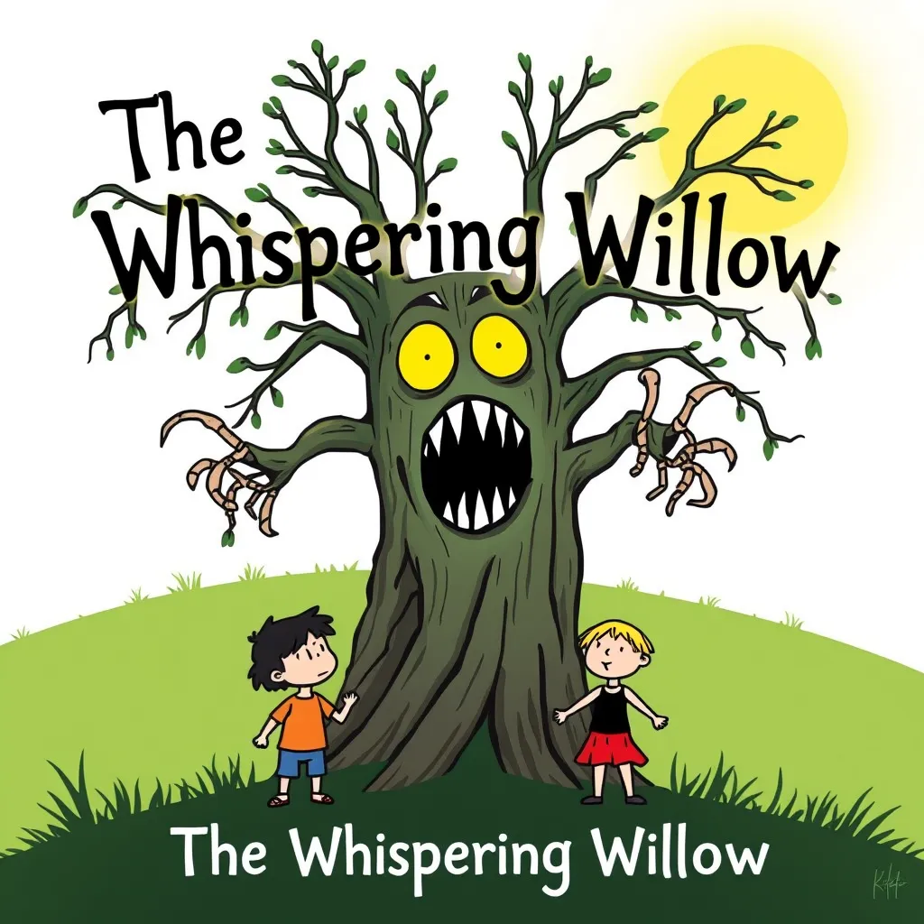 A willow tree with glowing eyes and a twisted mouth, reaching out with branches that resemble skeletal fingers. Children stand around the tree, looking both curious and afraid.