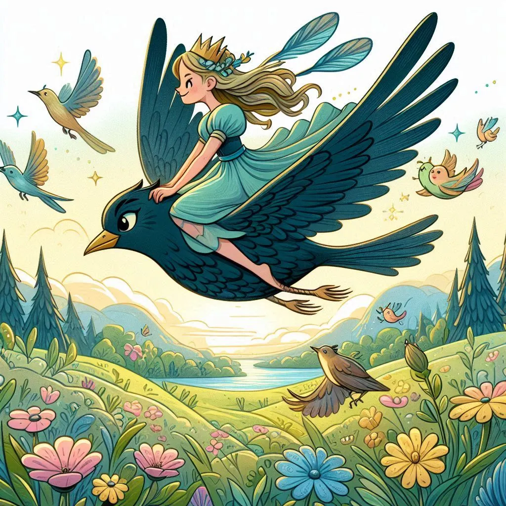 An illustration of Thumbelina riding on a bird's back, flying over a meadow below.