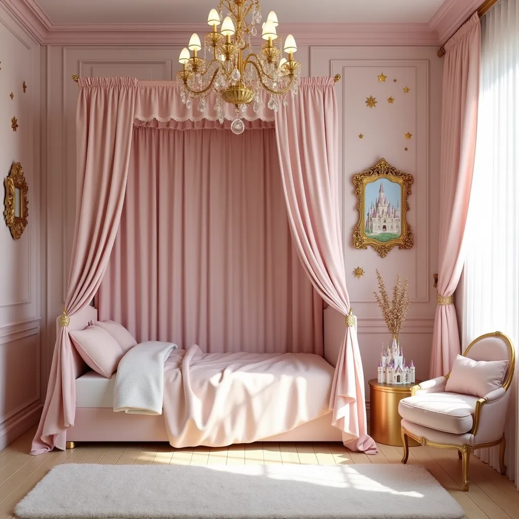 A magical princess-themed room featuring a blush pink and gold color palette. A canopy bed draped with silky curtains, a chandelier hanging from the ceiling, and decorative gold frames showcasing fairy-tale castles. Sparkling stars scattered across the walls, a plush velvet armchair in the corner, and a dollhouse palace complete the royal vibe.