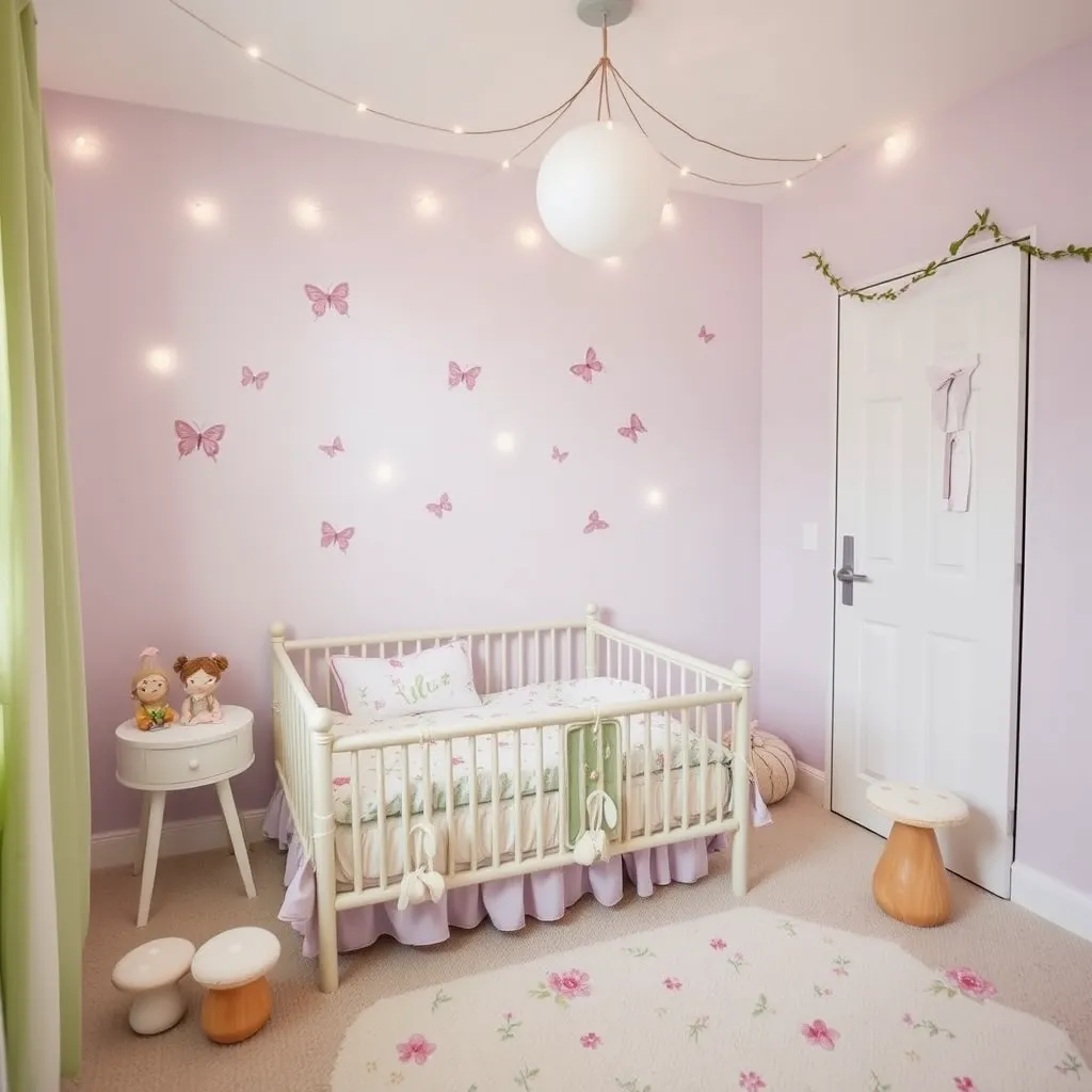 A soft pastel-colored room with light lavender and green as the main colors. Delicate fairy lights hang above a tiny flower bed with floral-patterned bedding. Butterfly decals float across the walls, and there are whimsical flowers on the carpet. Tiny mushroom stools, flower garlands, and fairy wings hanging from the closet complete the enchanted theme.