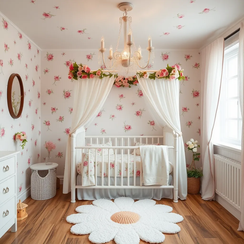 A room inspired by a spring garden with light pastel walls covered in delicate floral patterns. A white canopy bed is decorated with silk flowers, and a floral-themed chandelier adds elegance. Flower-shaped pillows, rose-printed bedding, and soft floral curtains bring the garden indoors, while a daisy-shaped rug sits at the foot of the bed