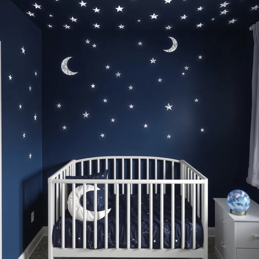 A celestial-themed room with navy blue walls adorned with silver moon and star decals. Glow-in-the-dark stars on the ceiling give the illusion of a night sky. The bed has dark blue bedding with constellation patterns, and a crescent moon-shaped pillow adds to the dreamlike atmosphere. A galaxy-themed lamp sits on the bedside table.