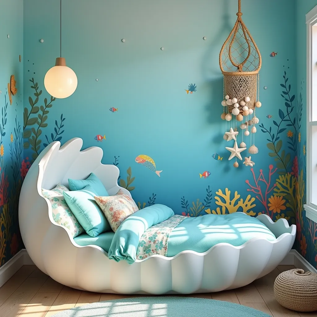 Ocean blue walls with sea-themed murals, featuring colorful corals, fishes, and a shimmering mermaid. The bed is shaped like a seashell, with turquoise bedding and ocean-themed pillows. A bubble lamp provides soft lighting, and a fishnet filled with seashells, starfish, and pearls hangs on the wall, creating a soothing undersea atmosphere.