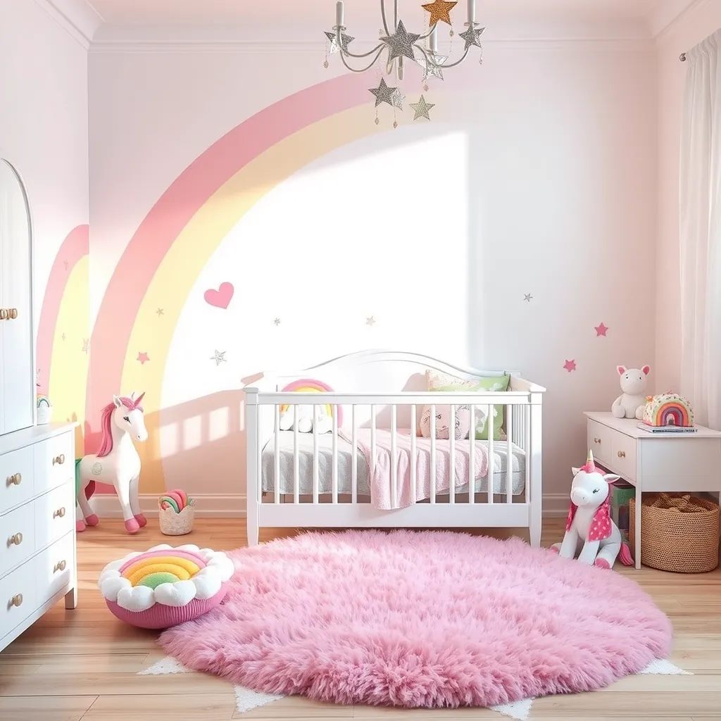 Rainbow & Unicorn Wonderland: A bright and colorful room featuring a pastel rainbow mural on one wall. White furniture is adorned with unicorn stickers, and plush unicorn toys are scattered throughout. A rainbow-colored bedspread, cloud-shaped pillows, and a soft, fluffy rug create a dreamy atmosphere. Glittering stars hang from the ceiling.