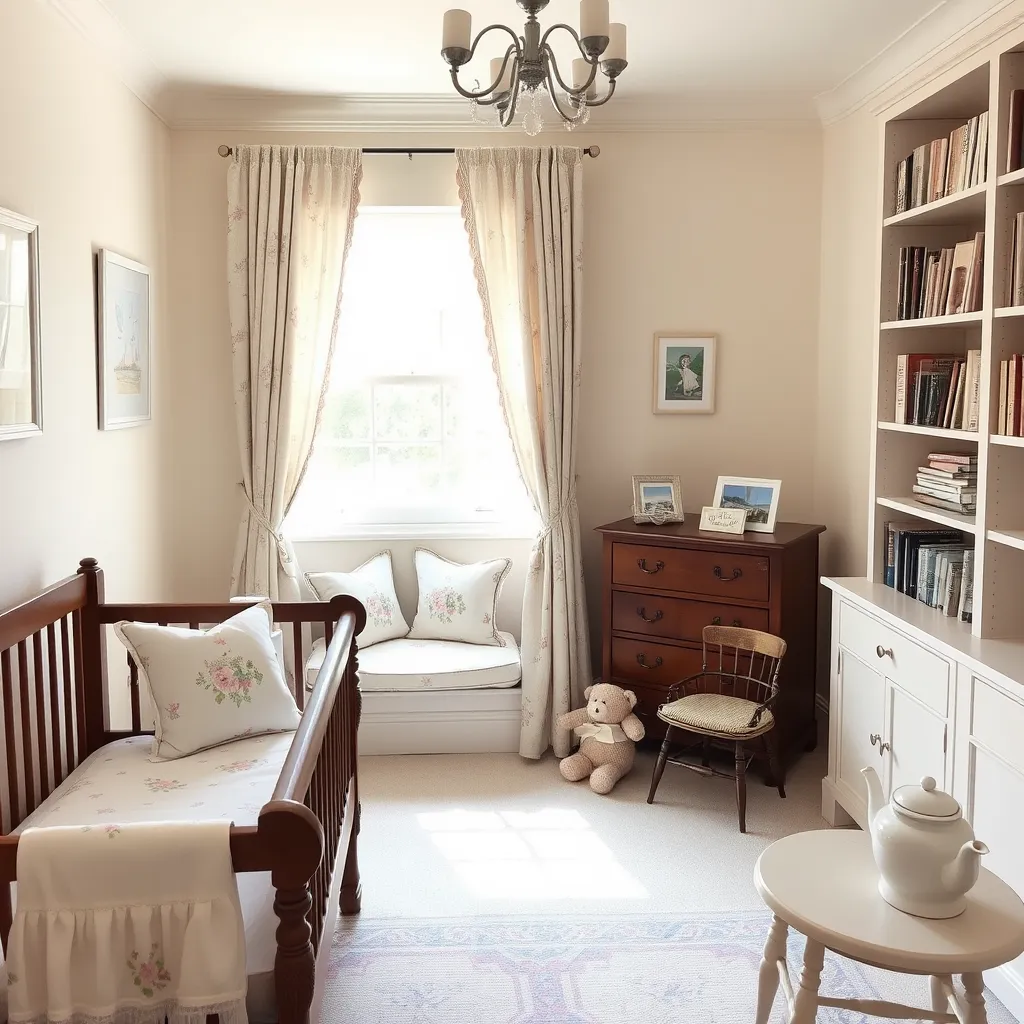 A quaint, charming room with a soft cream and muted pink color palette. Antique wooden furniture with delicate floral patterns on cushions and curtains gives a classic touch. Bookshelves line one wall, filled with beautifully bound children’s books, and a reading nook by the window has a cozy cushion seat. A small, vintage tea set sits on a side table for play..