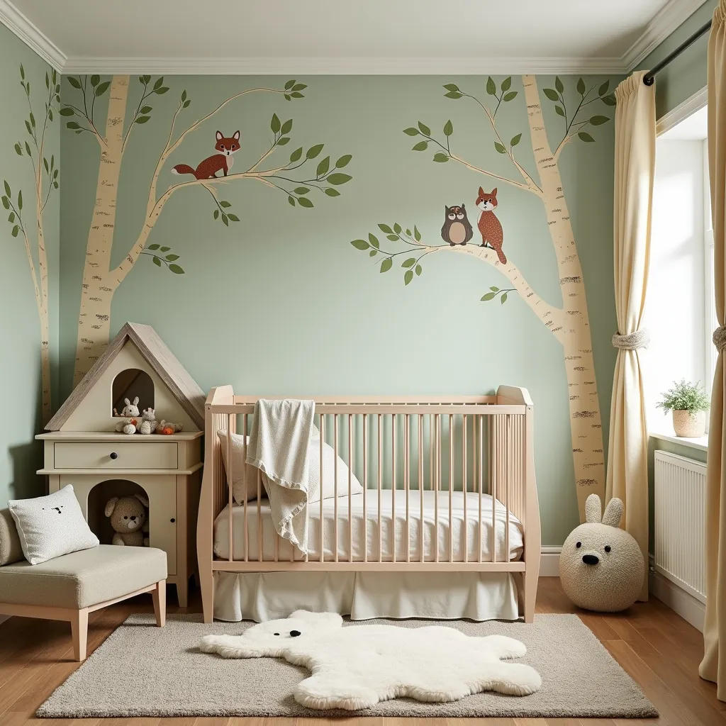 A cozy room filled with nature-inspired elements—soft pastel green walls adorned with tree decals, woodland creatures like foxes, owls, and rabbits in plush toys and wall art. A treehouse-style bed with a small ladder, leaves, and branches decorates the corners. Forest-themed curtains and soft, earthy tones are everywhere, and a fluffy animal-shaped rug sits at the center.